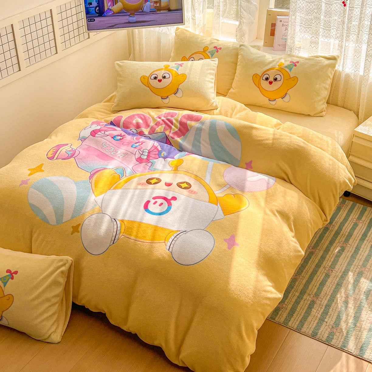 91家纺网 家纺一手货源 找家纺 浩诚 2025新款高克重牛奶绒大版卡通四件套 棒棒糖蛋仔