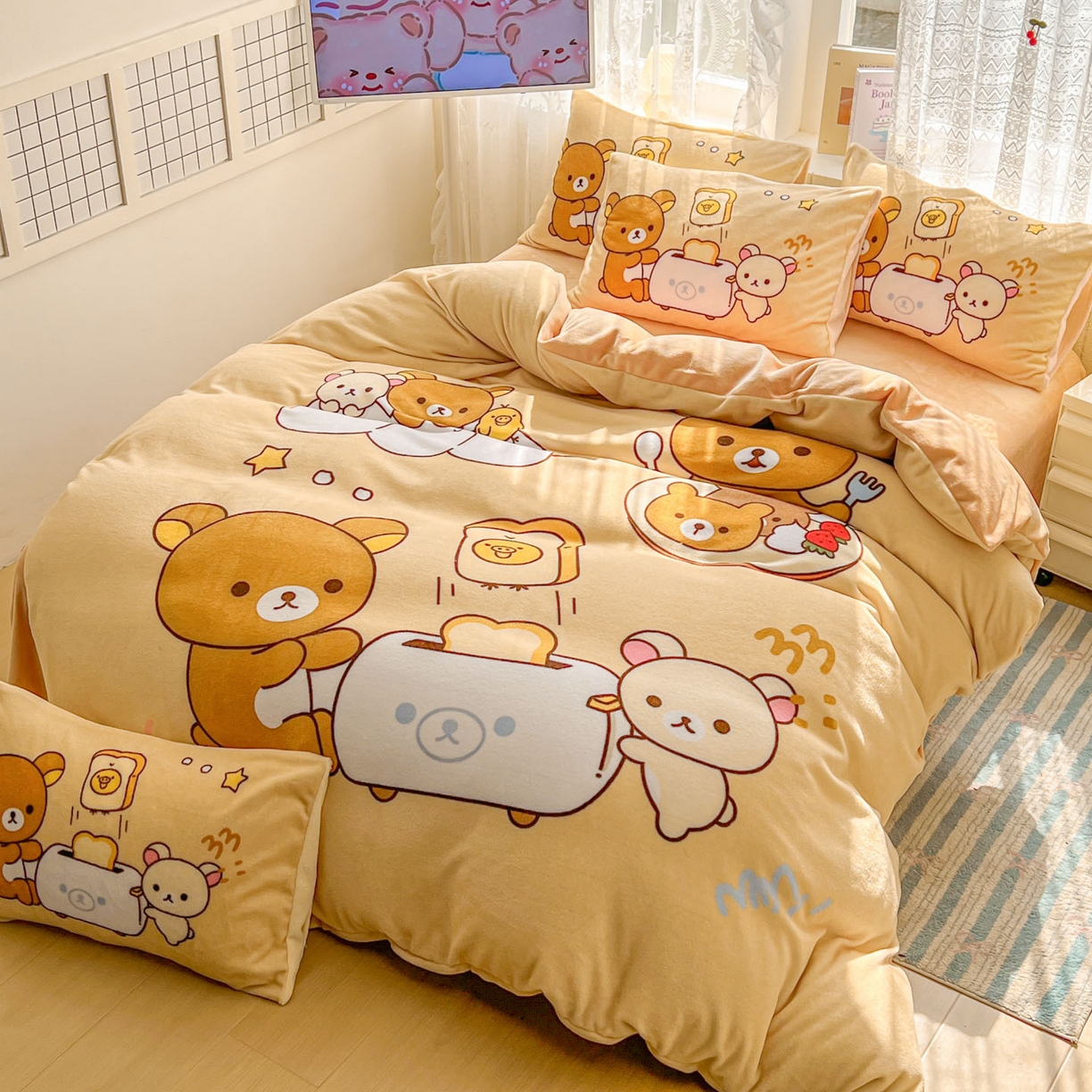 91家纺网 家纺一手货源 找家纺 浩诚 2025新款高克重牛奶绒大版卡通四件套 美食小熊