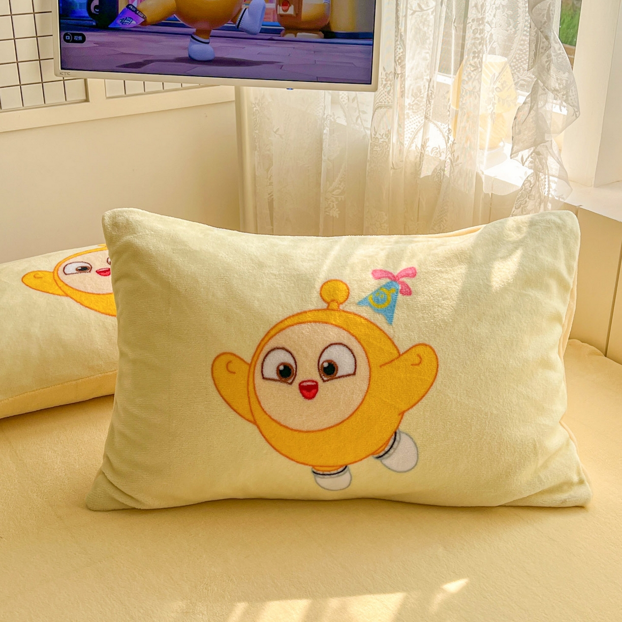 91家纺网 家纺一手货源 找家纺 浩诚 2025新款高克重牛奶绒大版卡通四件套 蛋仔派对