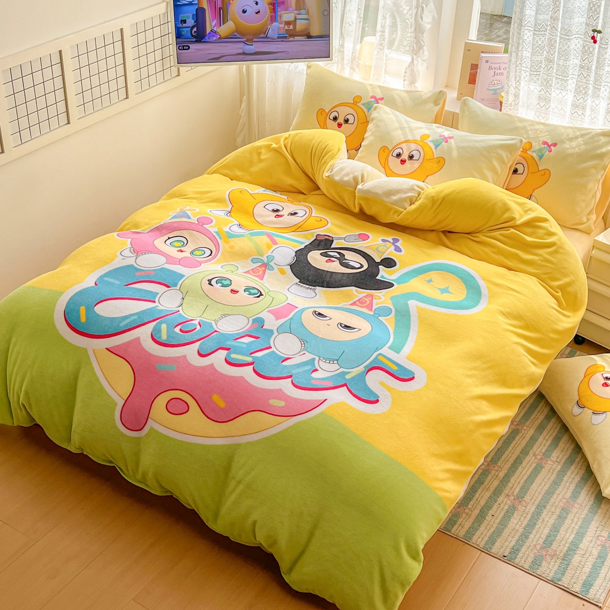 91家纺网 家纺一手货源 找家纺 浩诚 2025新款高克重牛奶绒大版卡通四件套 蛋仔派对