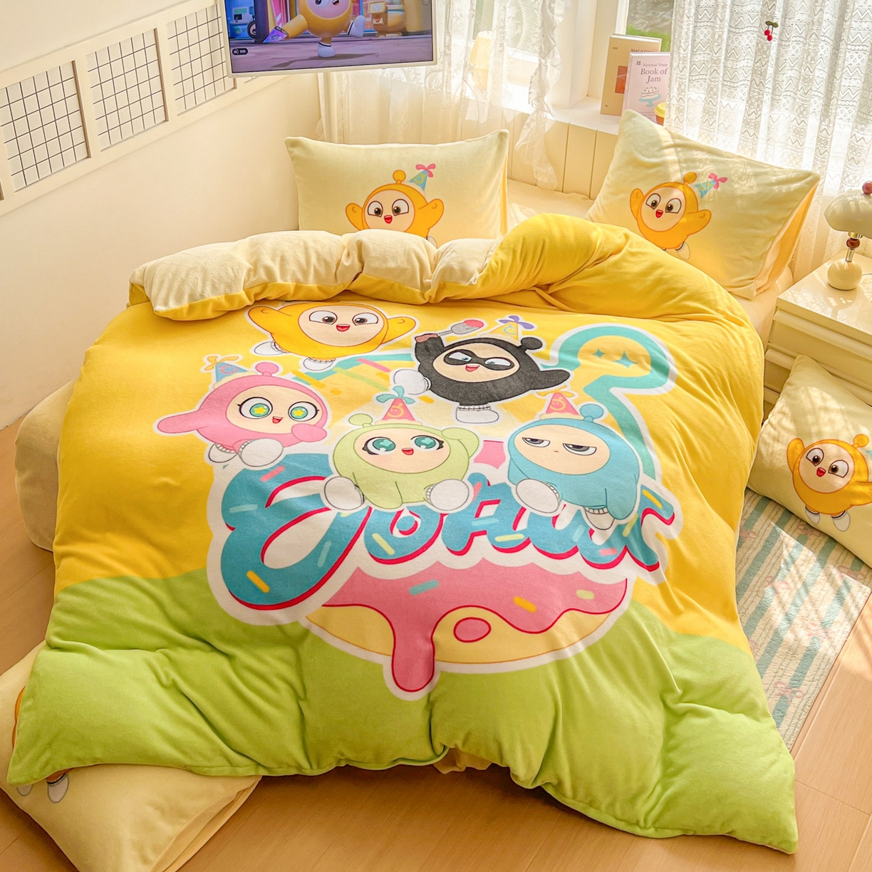 91家纺网 家纺一手货源 找家纺 浩诚 2025新款高克重牛奶绒大版卡通四件套 蛋仔派对