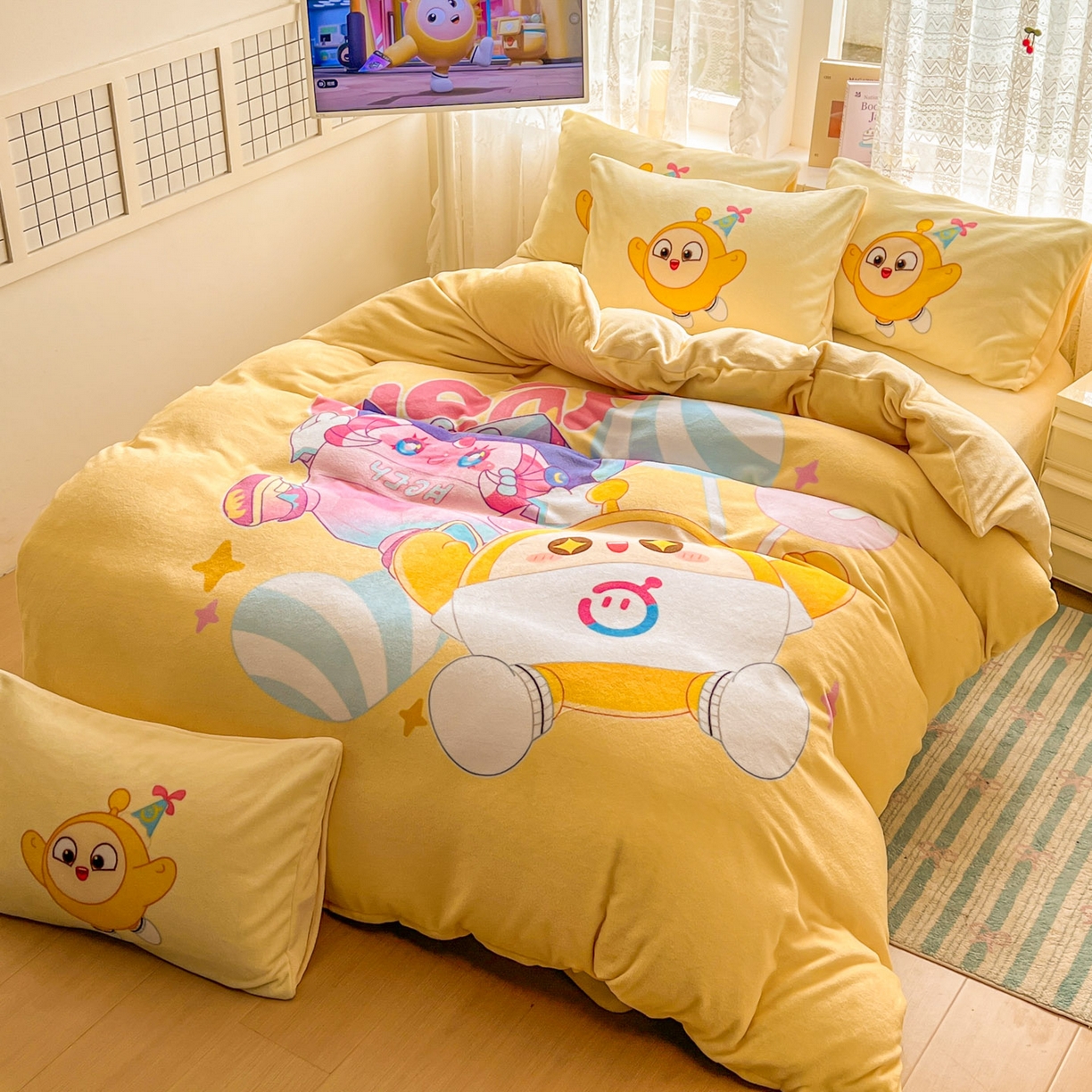 91家纺网 家纺一手货源 找家纺 浩诚 2025新款高克重牛奶绒大版卡通四件套 棒棒糖蛋仔