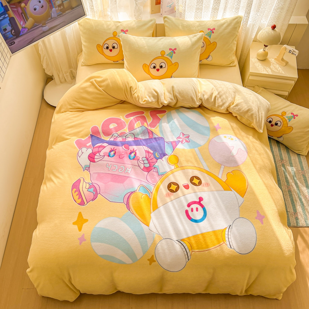 91家纺网 家纺一手货源 找家纺 浩诚 2025新款高克重牛奶绒大版卡通四件套 棒棒糖蛋仔