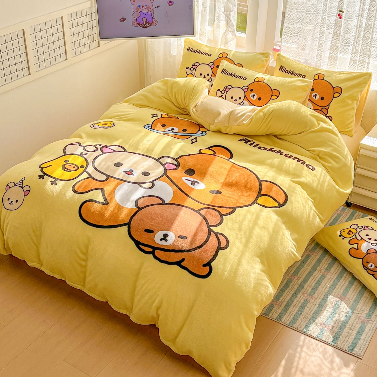 91家纺网 家纺一手货源 找家纺 浩诚 2025新款高克重牛奶绒大版卡通四件套 开心小熊