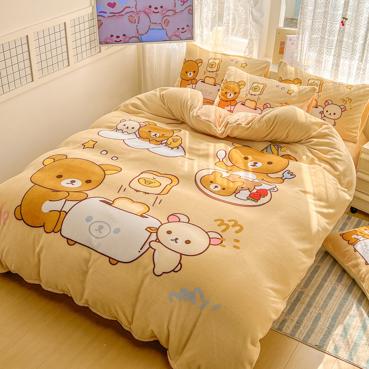 91家纺网 家纺一手货源 找家纺 浩诚 2025新款高克重牛奶绒大版卡通四件套 美食小熊