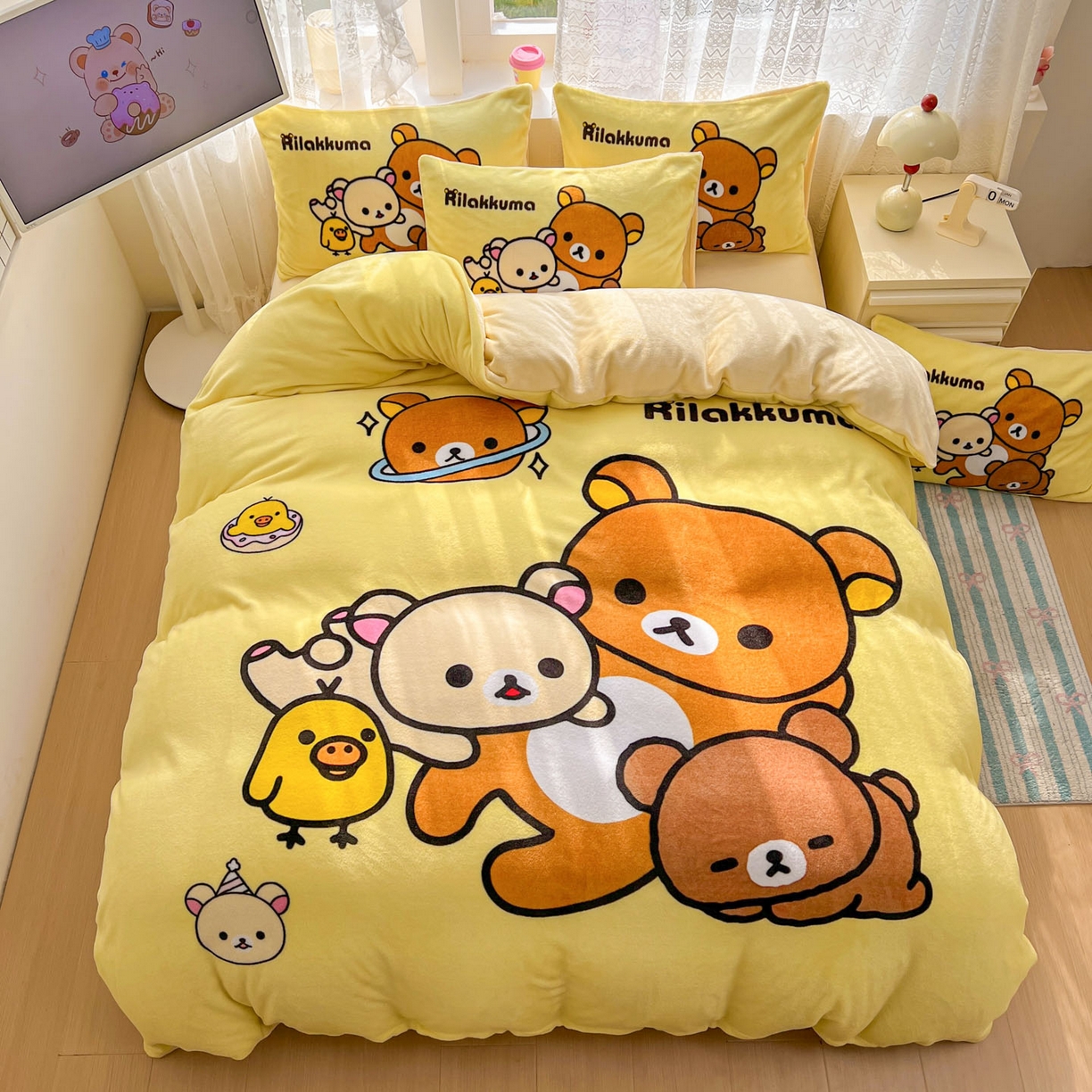 91家纺网 家纺一手货源 找家纺 浩诚 2025新款高克重牛奶绒大版卡通四件套 开心小熊