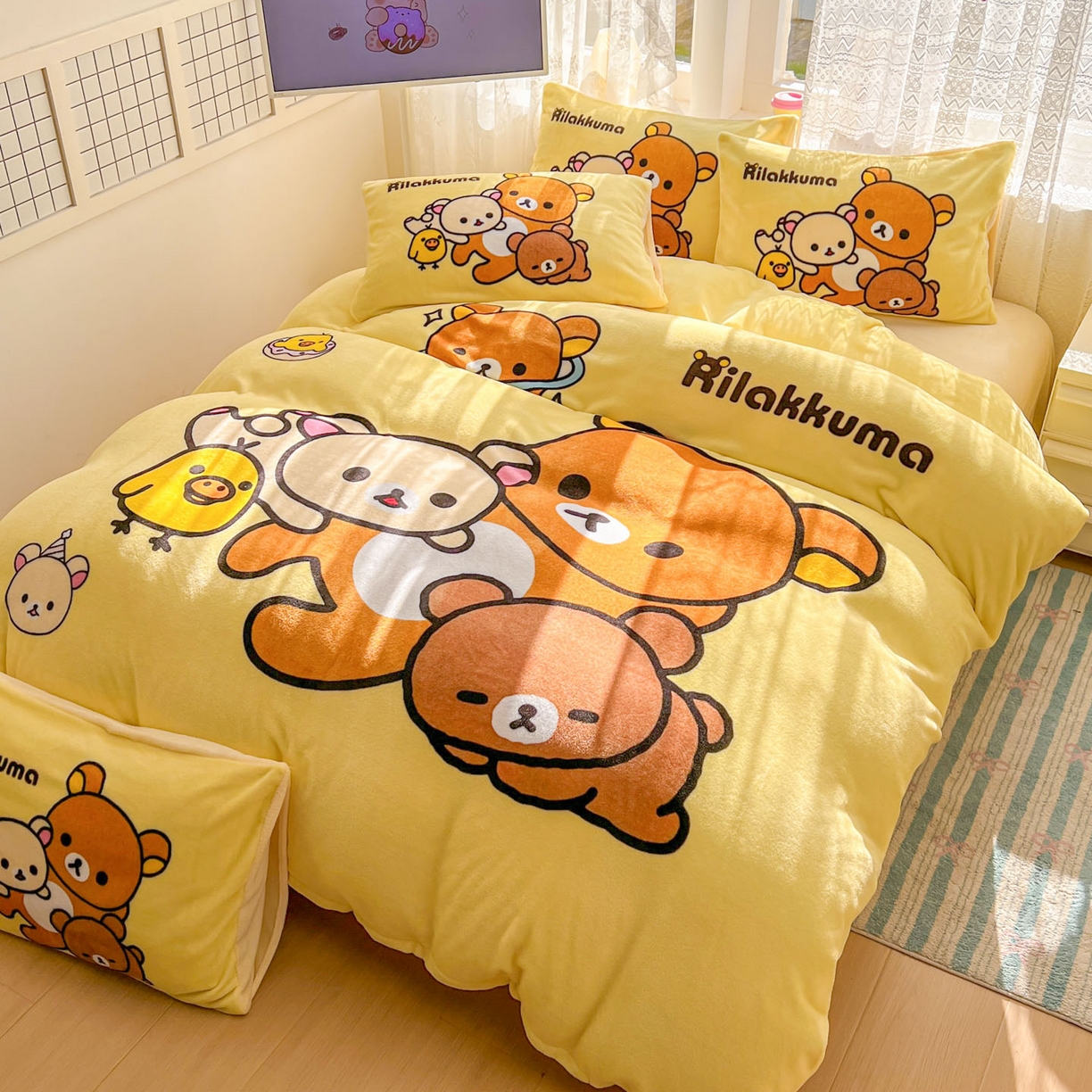 91家纺网 家纺一手货源 找家纺 浩诚 2025新款高克重牛奶绒大版卡通四件套 开心小熊