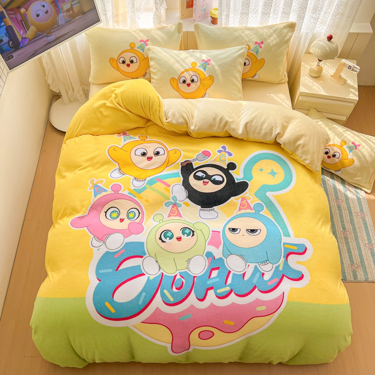 91家纺网 家纺一手货源 找家纺 浩诚 2025新款高克重牛奶绒大版卡通四件套 蛋仔派对