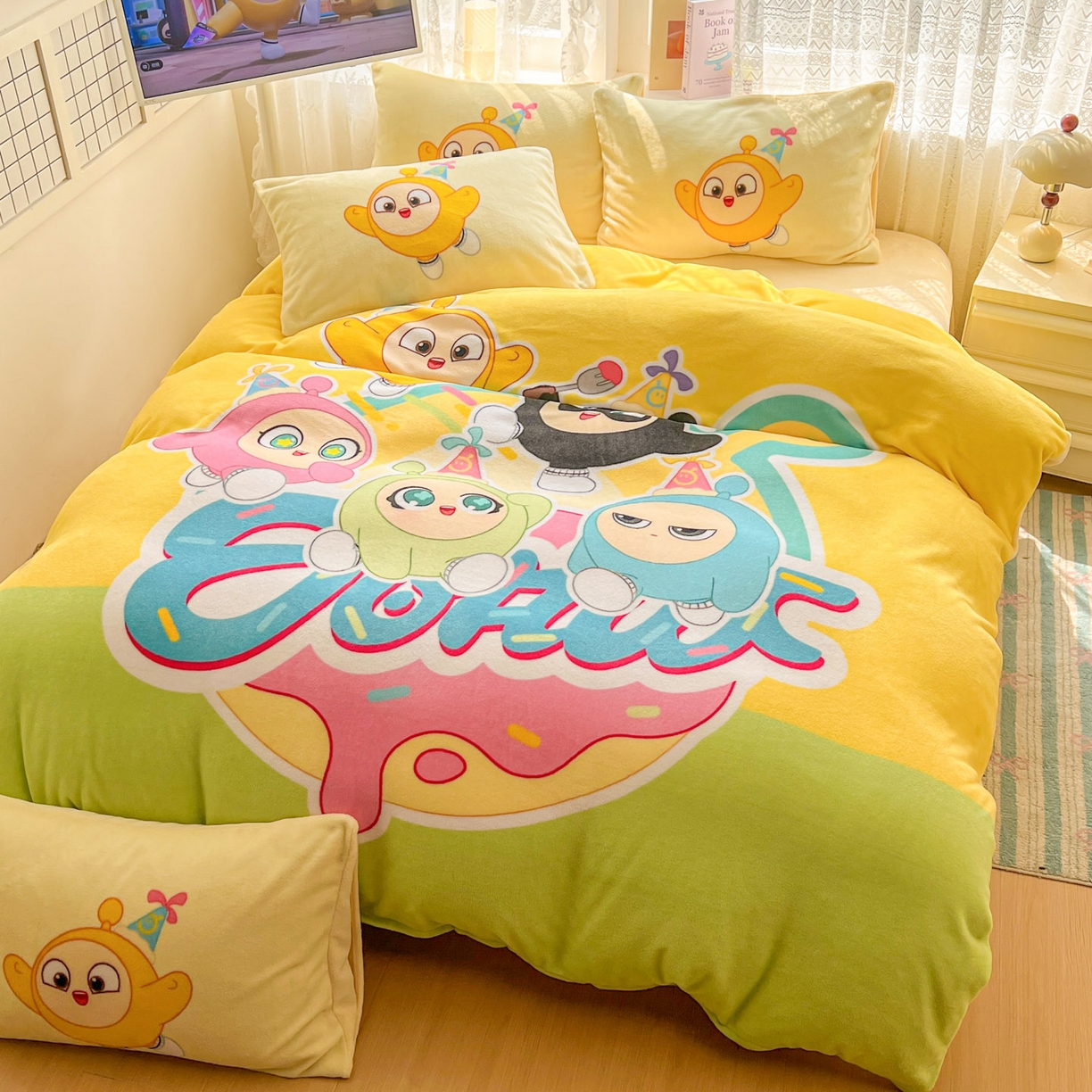 91家纺网 家纺一手货源 找家纺 浩诚 2025新款高克重牛奶绒大版卡通四件套 蛋仔派对