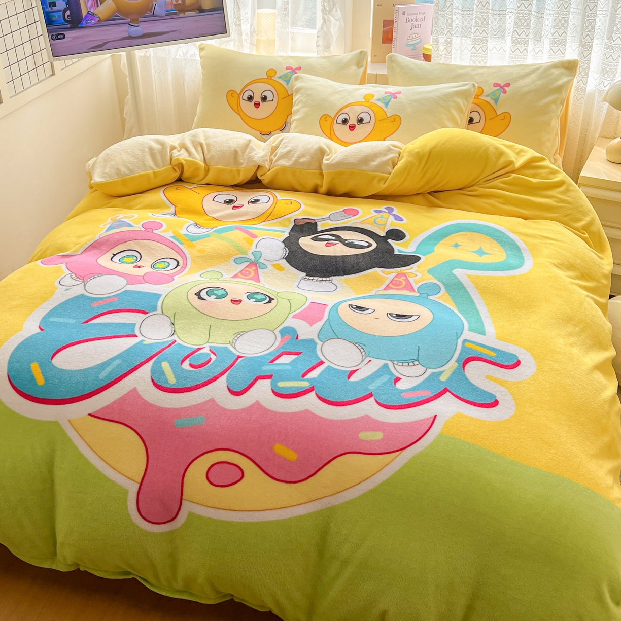 91家纺网 家纺一手货源 找家纺 浩诚 2025新款高克重牛奶绒大版卡通四件套 蛋仔派对