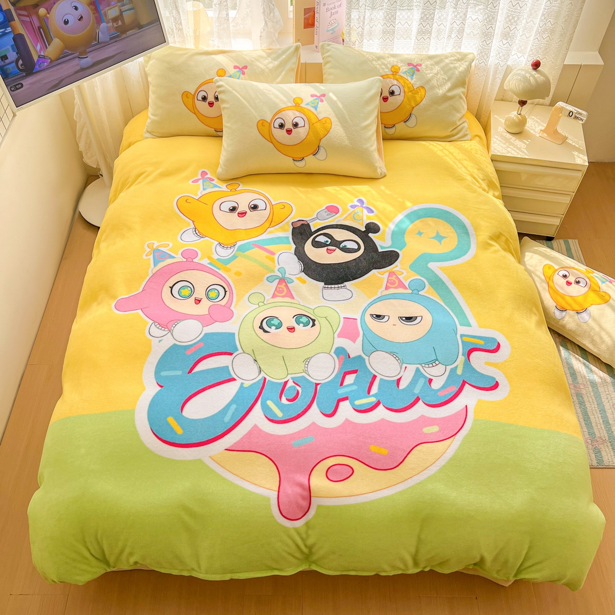 91家纺网 家纺一手货源 找家纺 浩诚 2025新款高克重牛奶绒大版卡通四件套 蛋仔派对