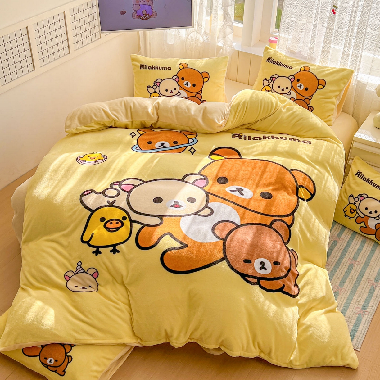 91家纺网 家纺一手货源 找家纺 浩诚 2025新款高克重牛奶绒大版卡通四件套 开心小熊