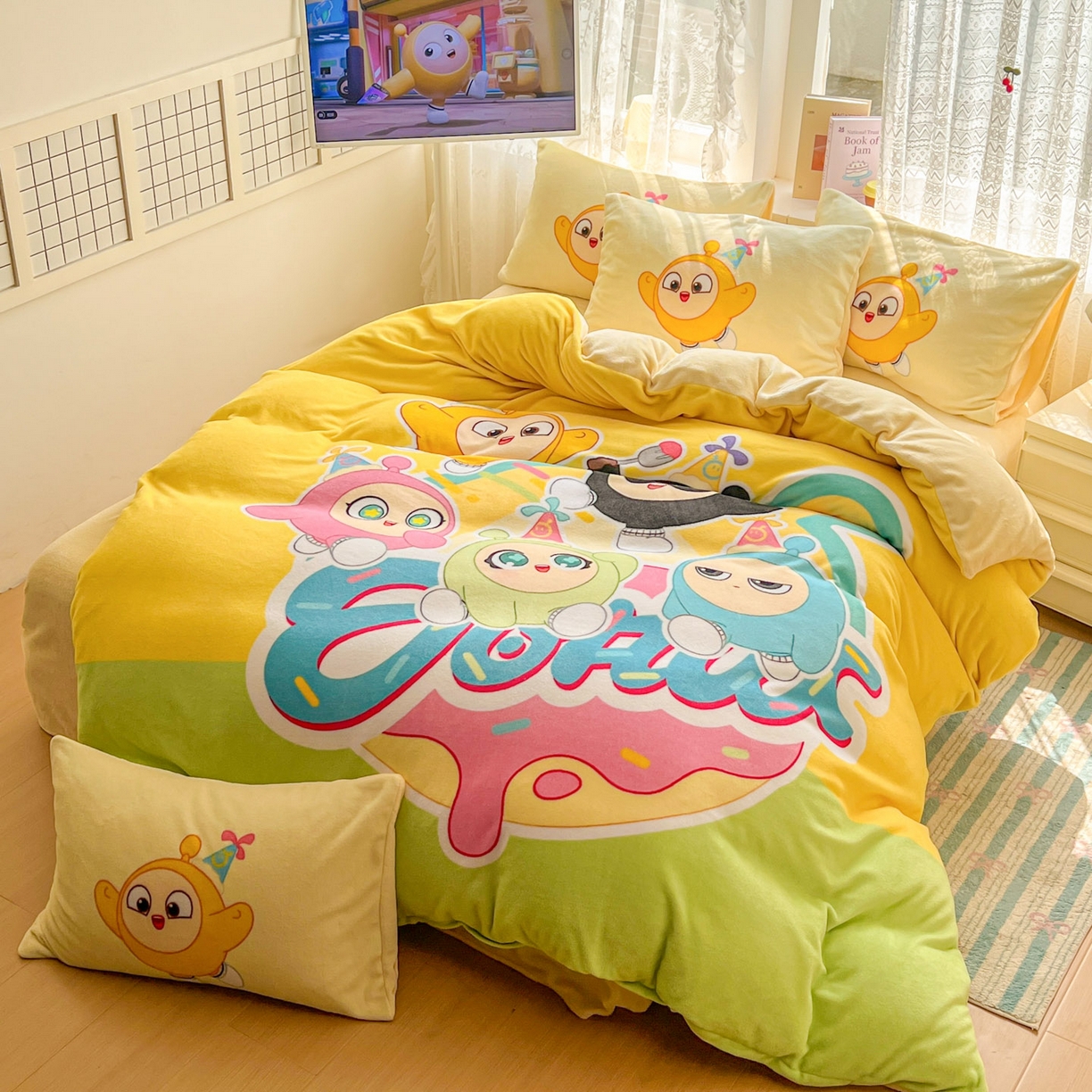 91家纺网 家纺一手货源 找家纺 浩诚 2025新款高克重牛奶绒大版卡通四件套 蛋仔派对