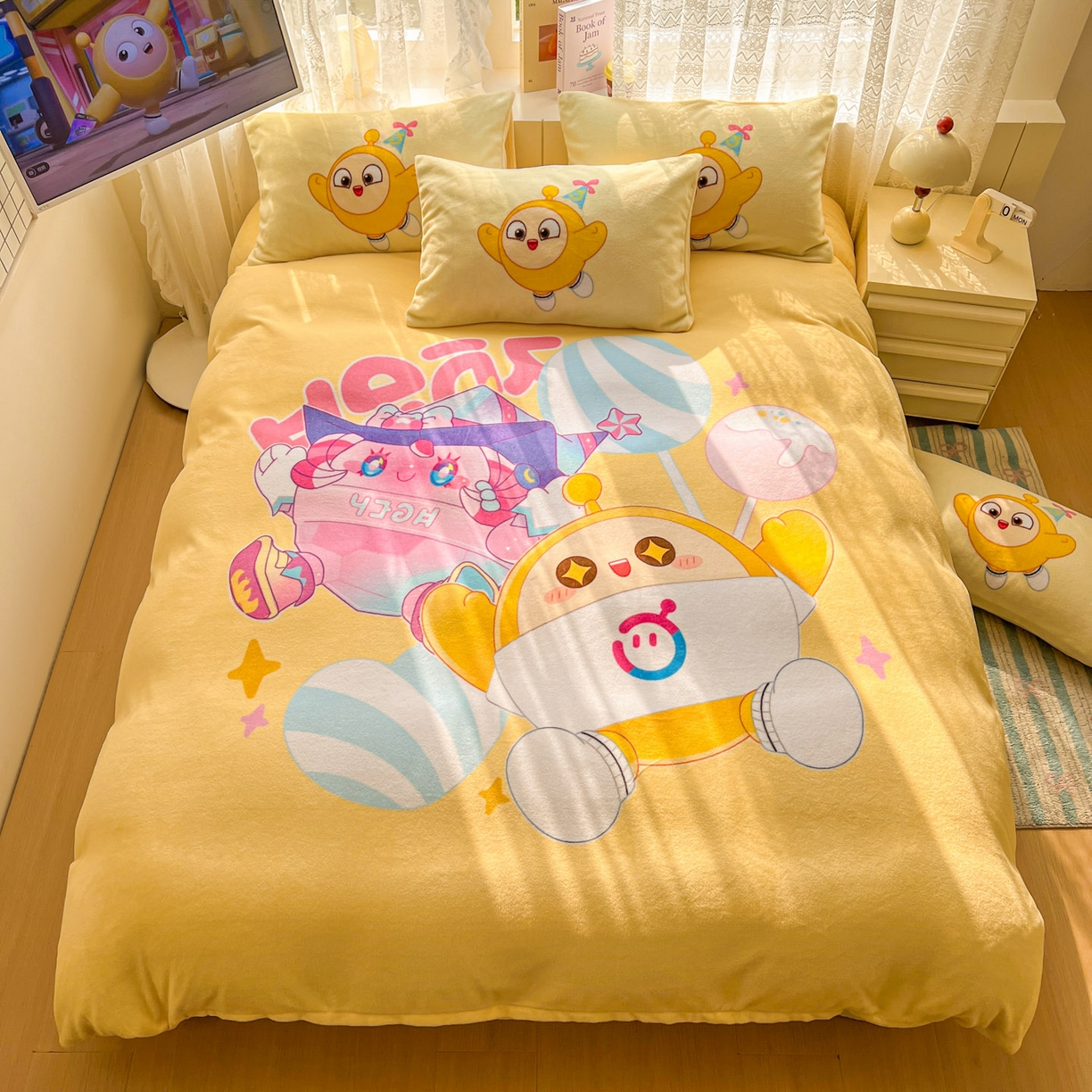 91家纺网 家纺一手货源 找家纺 浩诚 2025新款高克重牛奶绒大版卡通四件套 棒棒糖蛋仔