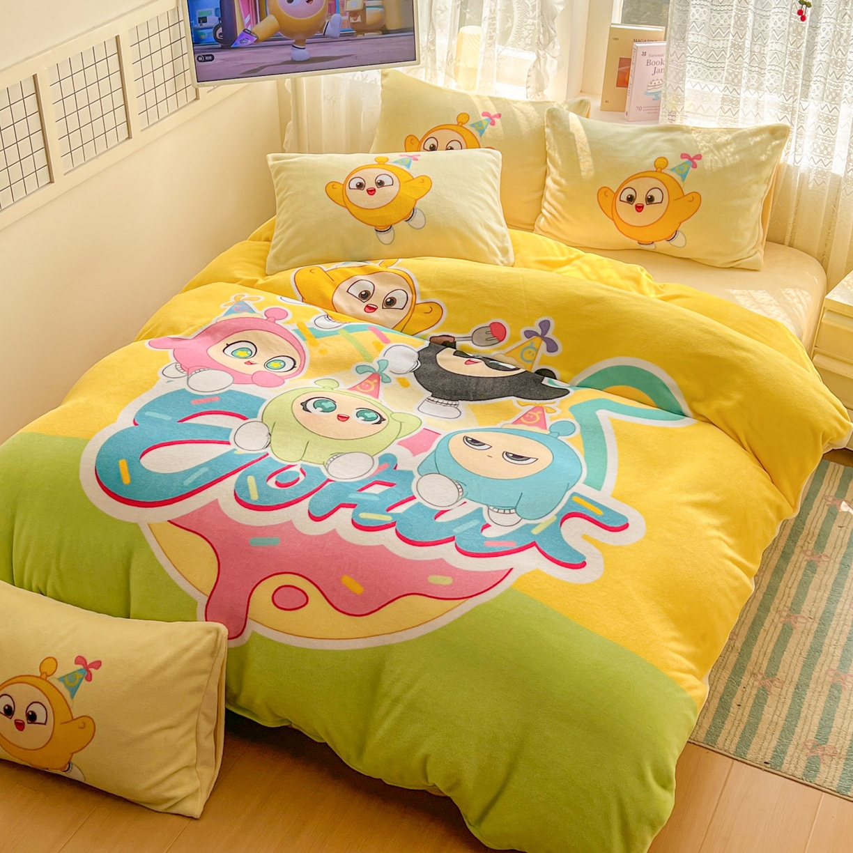 91家纺网 家纺一手货源 找家纺 浩诚 2025新款高克重牛奶绒大版卡通四件套 蛋仔派对