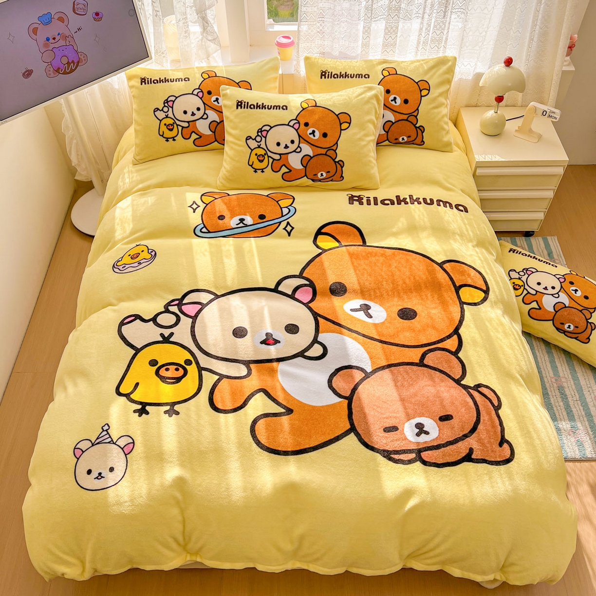 91家纺网 家纺一手货源 找家纺 浩诚 2025新款高克重牛奶绒大版卡通四件套 开心小熊