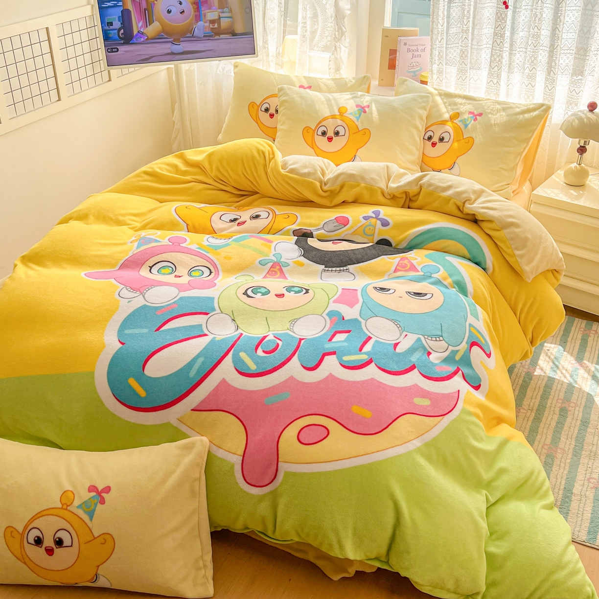 91家纺网 家纺一手货源 找家纺 浩诚 2025新款高克重牛奶绒大版卡通四件套 蛋仔派对