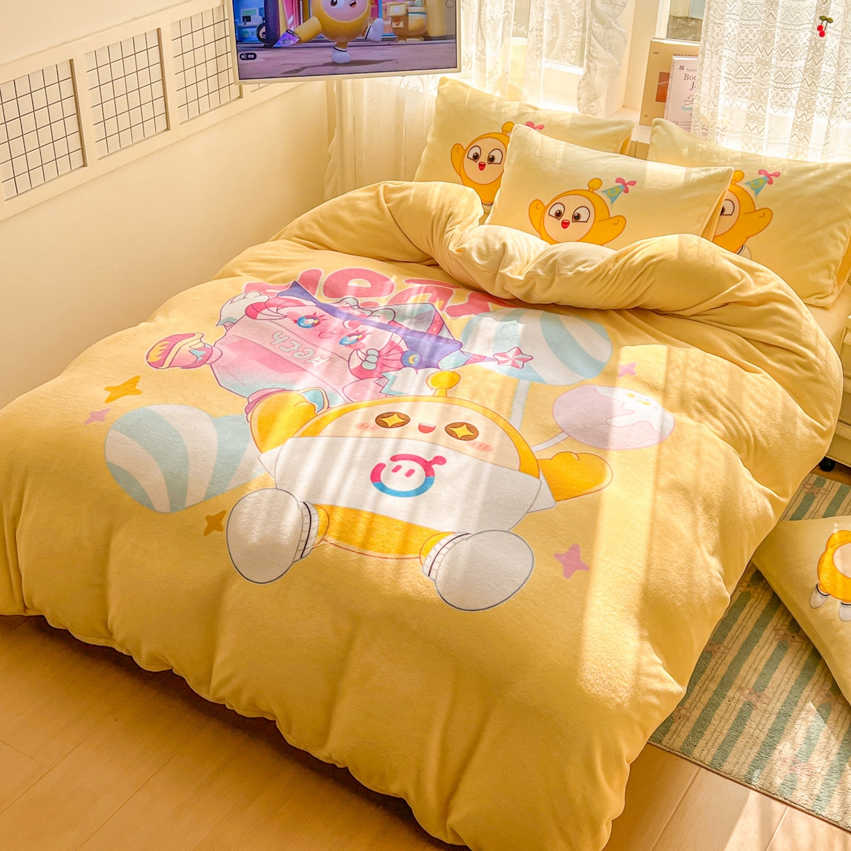 91家纺网 家纺一手货源 找家纺 浩诚 2025新款高克重牛奶绒大版卡通四件套 棒棒糖蛋仔