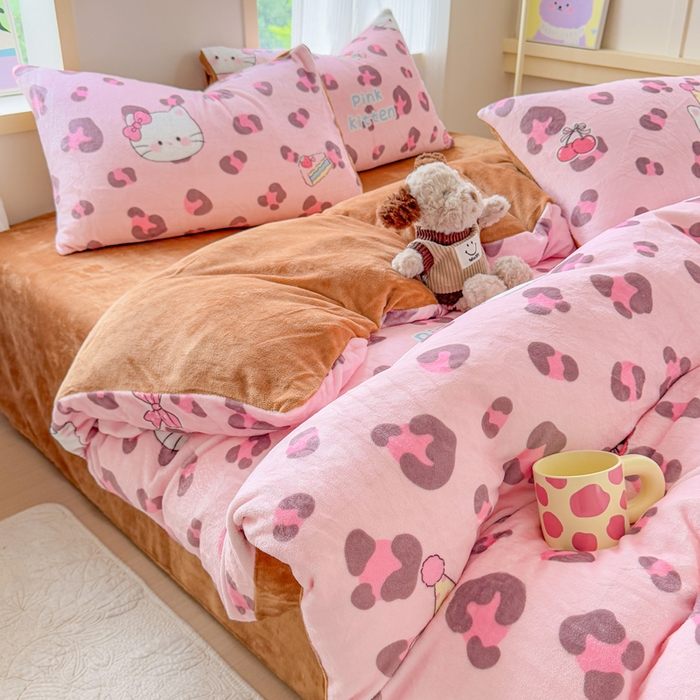 梦舒阳家纺 2025牛奶绒四件套牛奶绒单被套牛奶绒床笠款四件套小清新可爱套件 豹纹猫咪