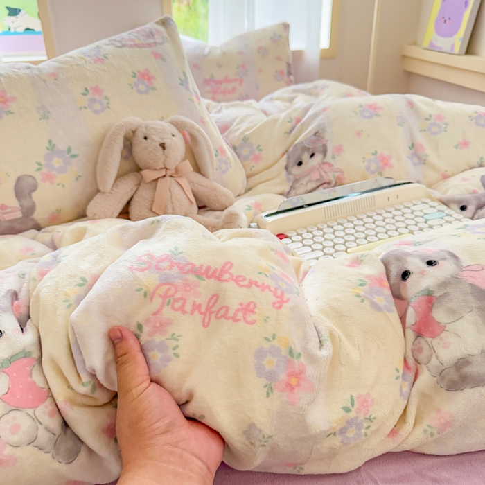 梦舒阳家纺 2025牛奶绒四件套牛奶绒单被套牛奶绒床笠款四件套小清新可爱套件 猫咪酱