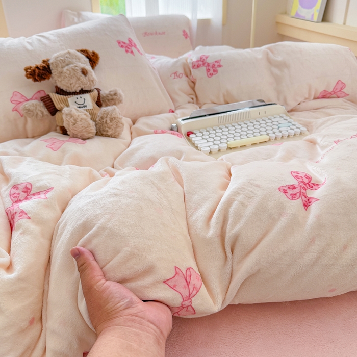梦舒阳家纺 2025牛奶绒四件套牛奶绒单被套牛奶绒床笠款四件套小清新可爱套件 蝴蝶结