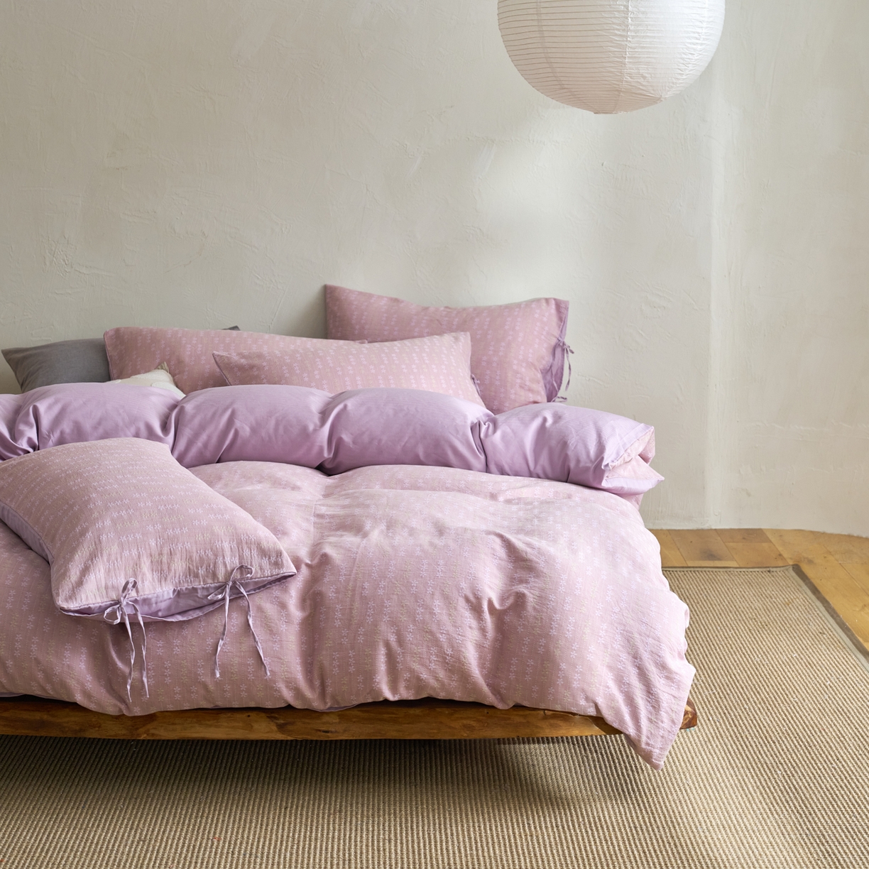 91家纺网 家纺一手货源 找家纺 久典家居 2025新款全棉色织提花系带款四件套-花锦系列（买家秀找客服) 花锦-紫