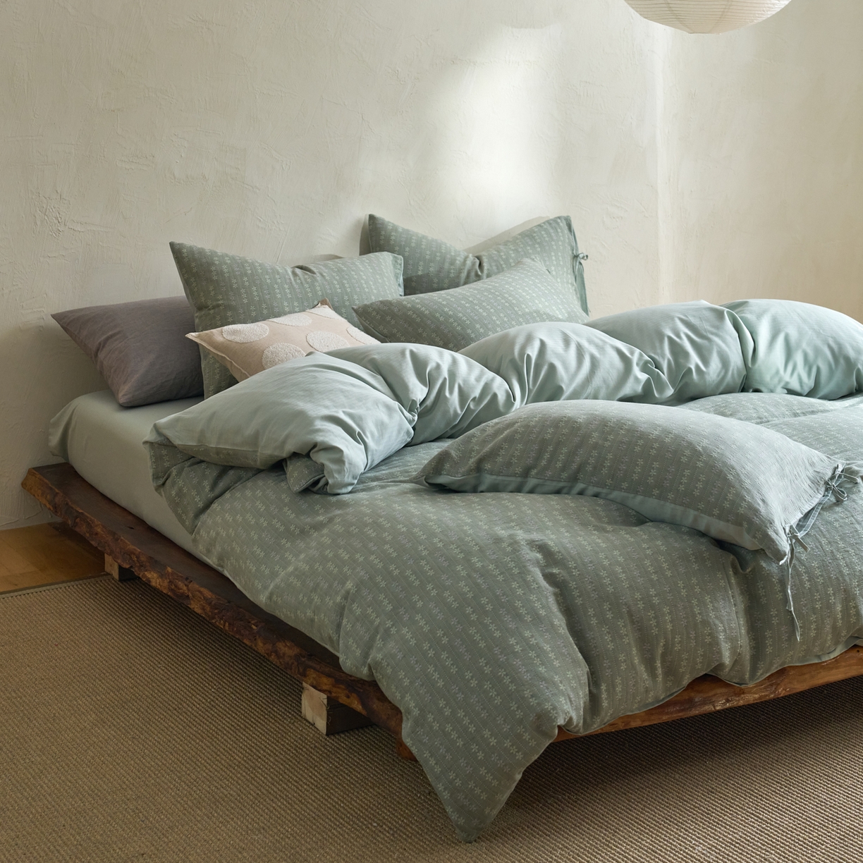 91家纺网 家纺一手货源 找家纺 久典家居 2025新款全棉色织提花系带款四件套-花锦系列（买家秀找客服) 花锦-绿