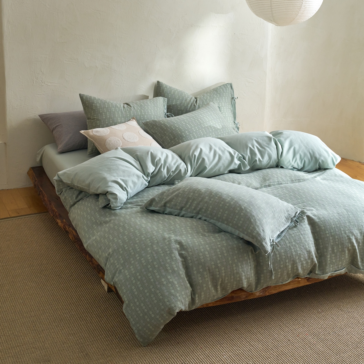 91家纺网 家纺一手货源 找家纺 久典家居 2025新款全棉色织提花系带款四件套-花锦系列（买家秀找客服) 花锦-绿