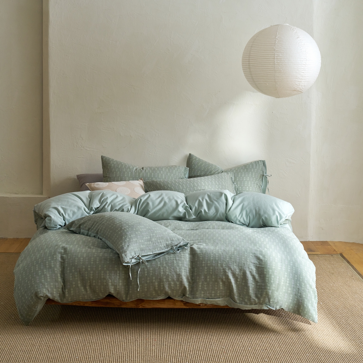 91家纺网 家纺一手货源 找家纺 久典家居 2025新款全棉色织提花系带款四件套-花锦系列（买家秀找客服) 花锦-绿