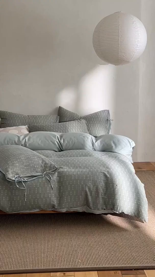 91家纺网 家纺一手货源 找家纺 久典家居 2025新款全棉色织提花系带款四件套-花锦系列（买家秀找客服) 花锦-绿