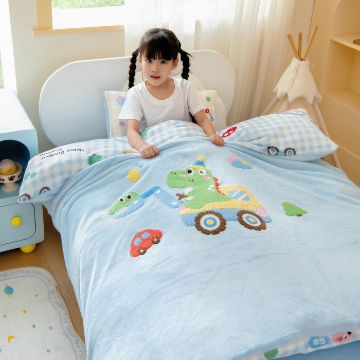 鱼宝 2025新款毛巾绣牛奶绒被套被芯套件 淘气恐龙