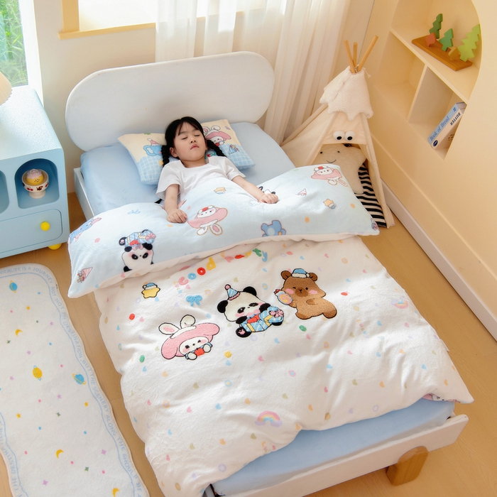 91家纺网 家纺一手货源 找家纺 鱼宝 2025新款毛巾绣牛奶绒被套被芯套件 游乐园