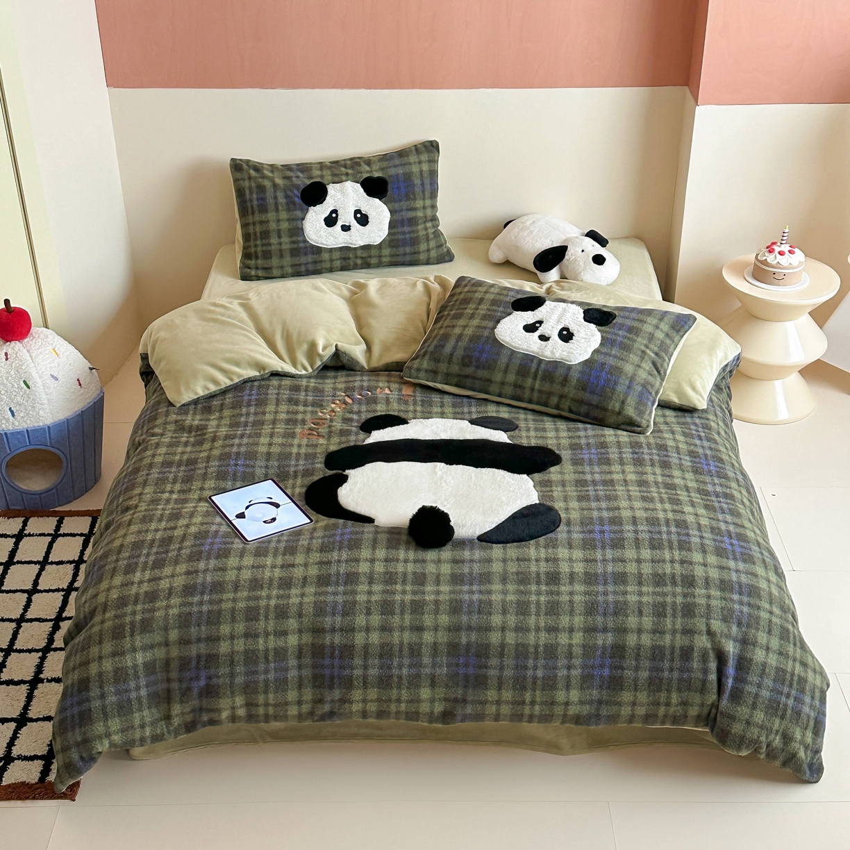 桃喜 2025新款仿羊绒贴布绣四件套（会员-5） 绿格熊猫