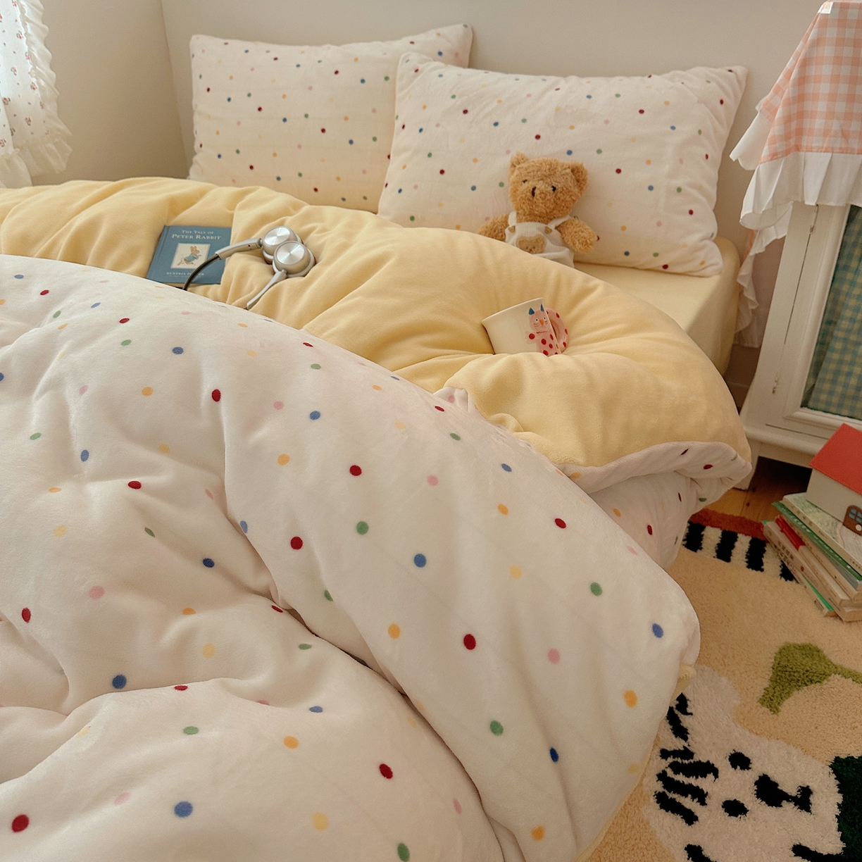 桃喜 2025新款牛奶绒印花系列四件套（会员-5） 彩色波点