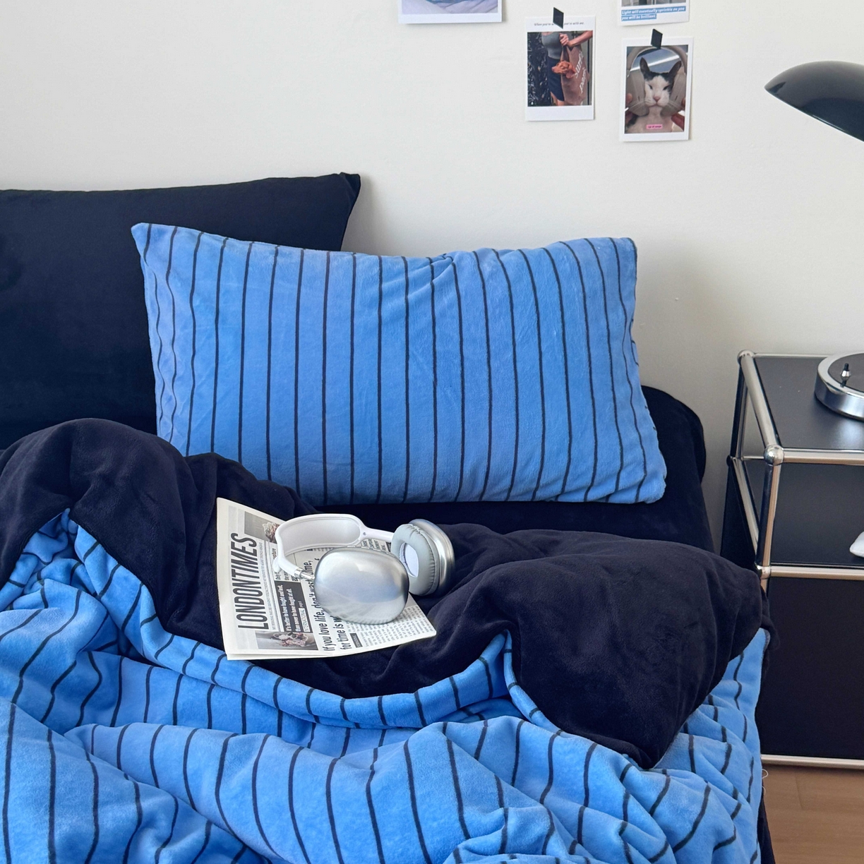 91家纺网 家纺一手货源 找家纺 桃喜 2025新款条纹牛奶绒系列四件套（会员-5） 冰岛蓝