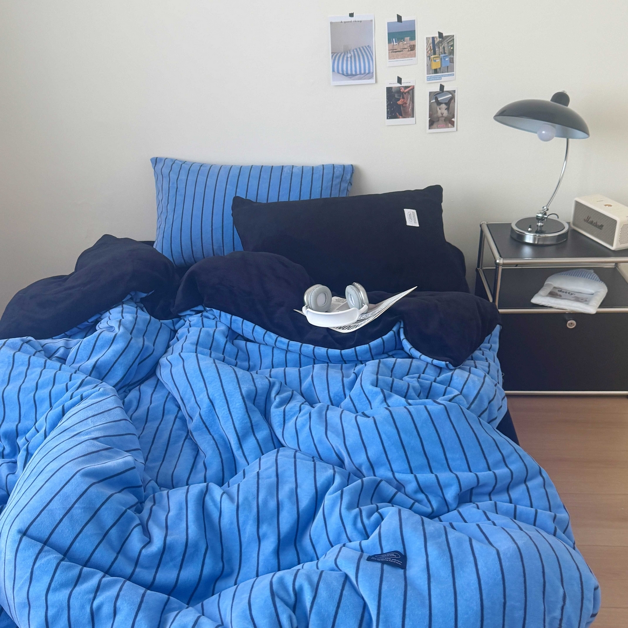 91家纺网 家纺一手货源 找家纺 桃喜 2025新款条纹牛奶绒系列四件套（会员-5） 冰岛蓝