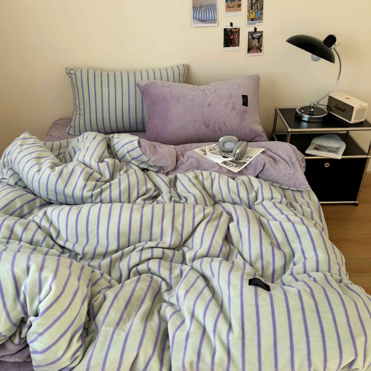 桃喜 2025新款条纹牛奶绒系列四件套（会员-5） 青缇葡萄