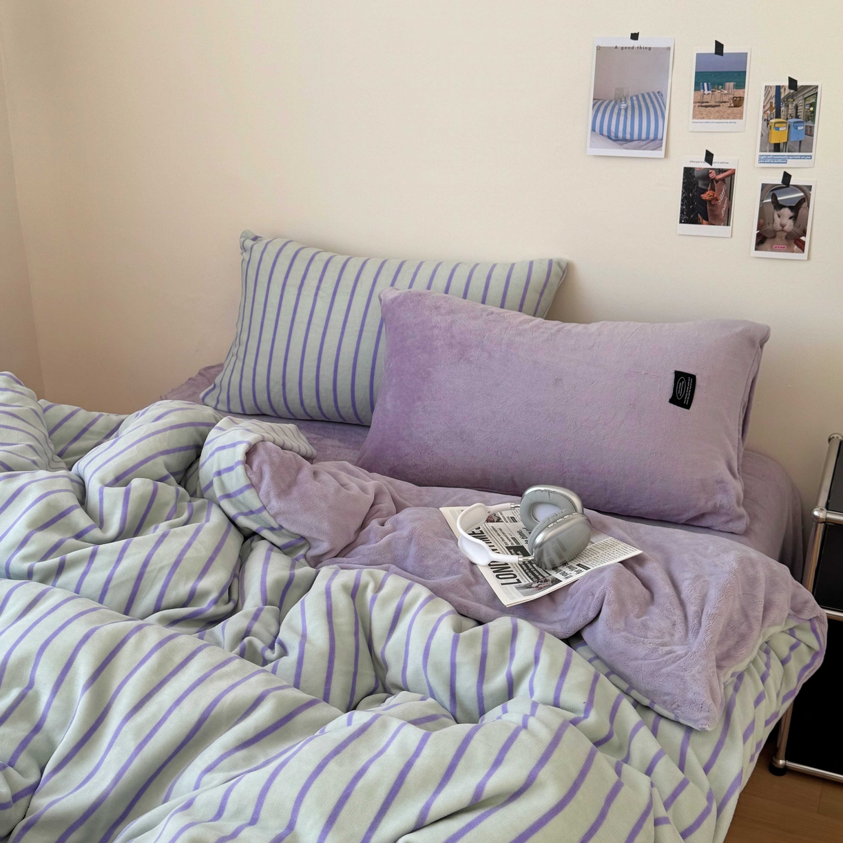 91家纺网 家纺一手货源 找家纺 桃喜 2025新款条纹牛奶绒系列四件套（会员-5） 青缇葡萄