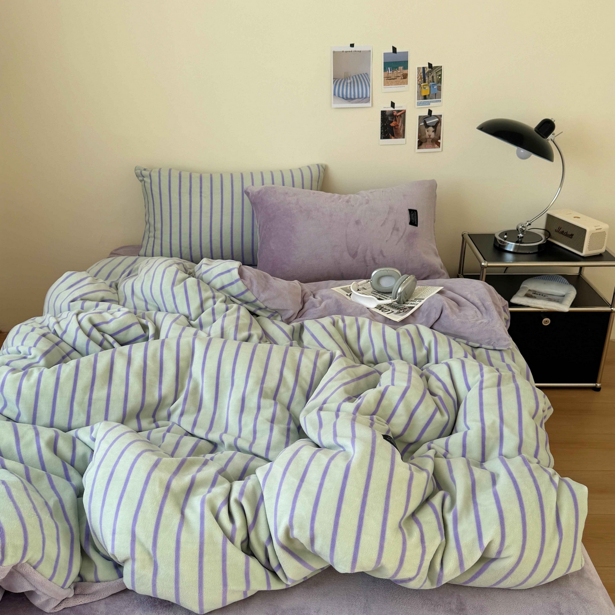 91家纺网 家纺一手货源 找家纺 桃喜 2025新款条纹牛奶绒系列四件套（会员-5） 青缇葡萄