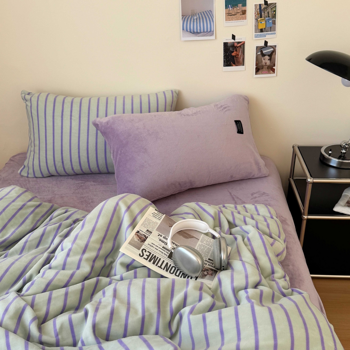 91家纺网 家纺一手货源 找家纺 桃喜 2025新款条纹牛奶绒系列四件套（会员-5） 青缇葡萄