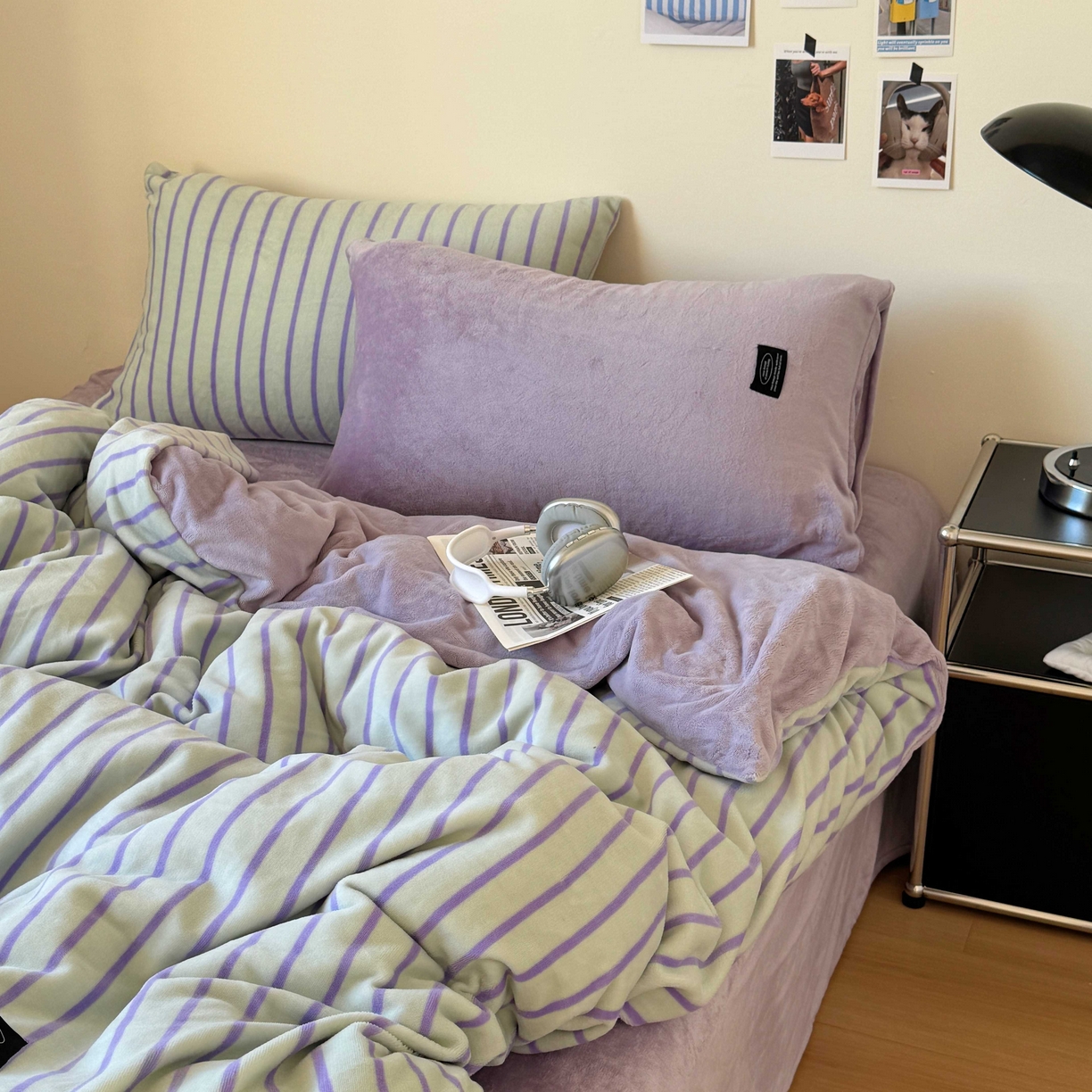 91家纺网 家纺一手货源 找家纺 桃喜 2025新款条纹牛奶绒系列四件套（会员-5） 青缇葡萄