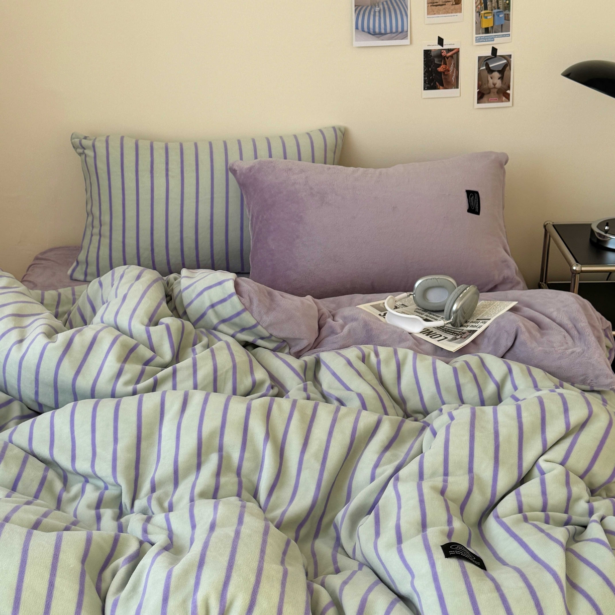 91家纺网 家纺一手货源 找家纺 桃喜 2025新款条纹牛奶绒系列四件套（会员-5） 青缇葡萄