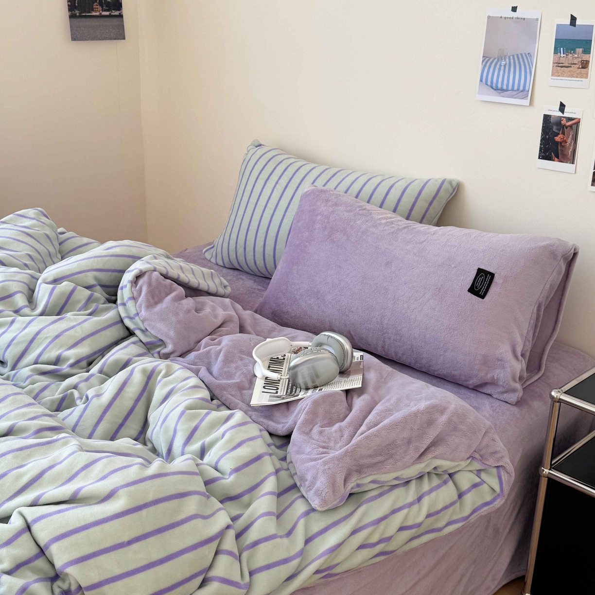 91家纺网 家纺一手货源 找家纺 桃喜 2025新款条纹牛奶绒系列四件套（会员-5） 青缇葡萄