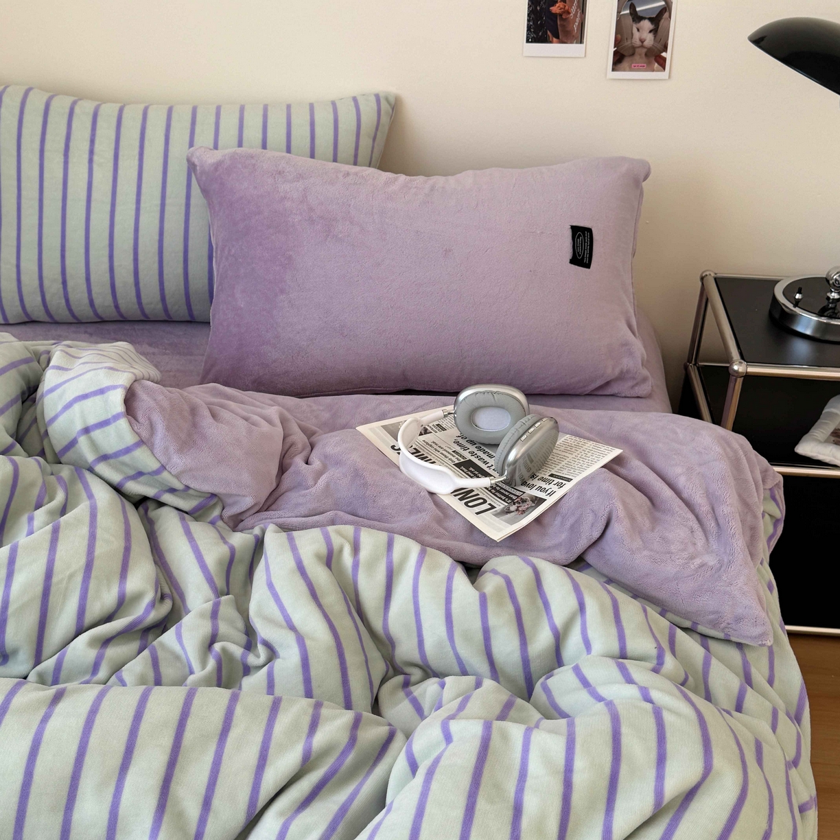 91家纺网 家纺一手货源 找家纺 桃喜 2025新款条纹牛奶绒系列四件套（会员-5） 青缇葡萄