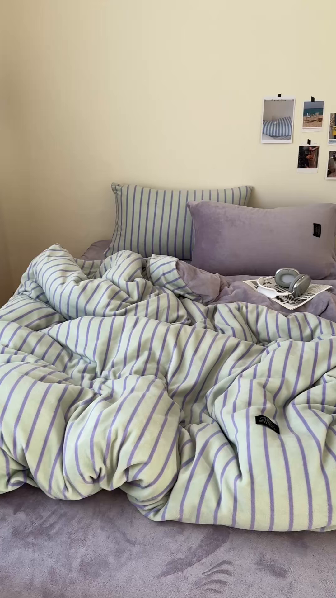 91家纺网 家纺一手货源 找家纺 桃喜 2025新款条纹牛奶绒系列四件套（会员-5） 青缇葡萄