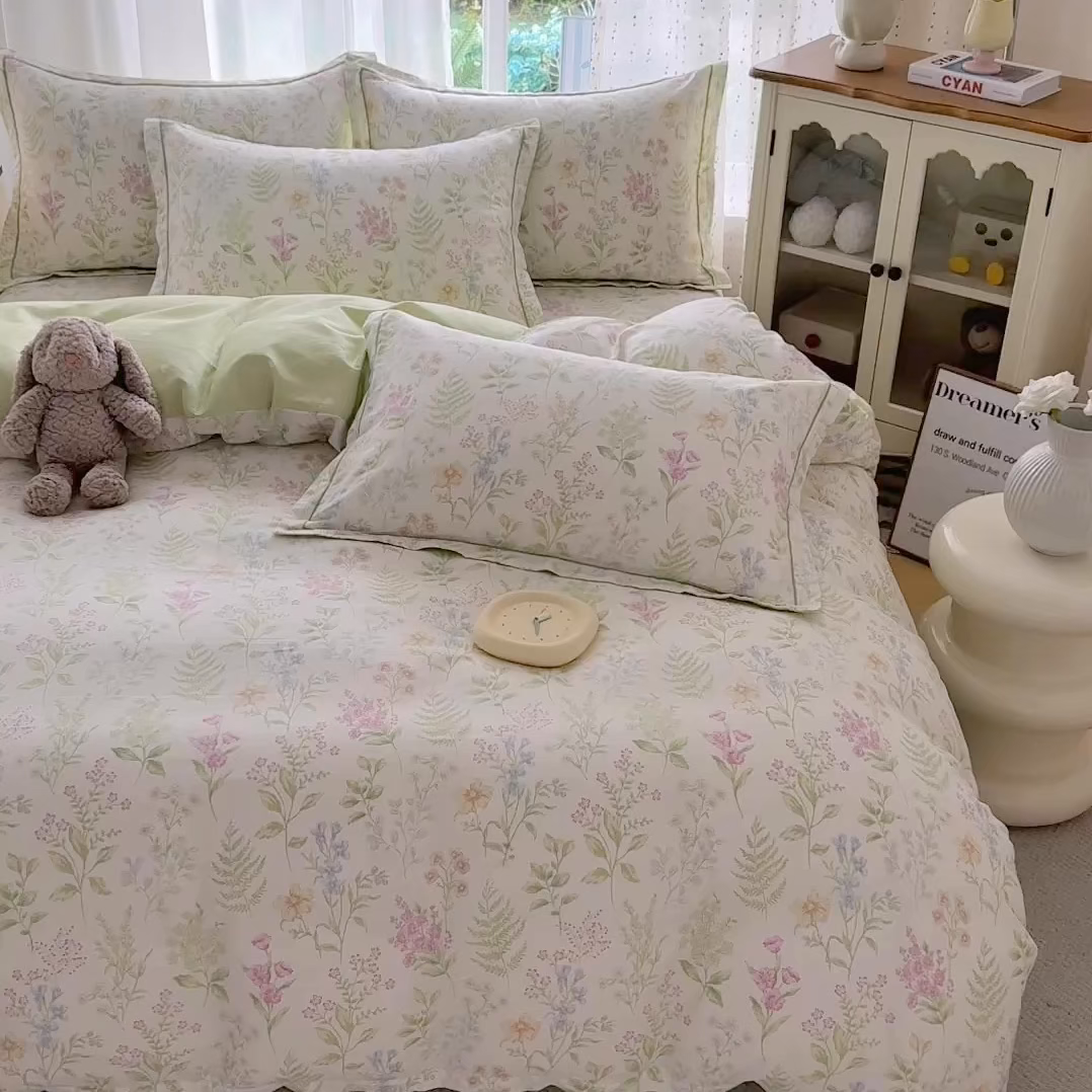 91家纺网 家纺一手货源 找家纺 红粉佳人家纺 2025新款12868纯棉系列全棉四件套 漫步花语