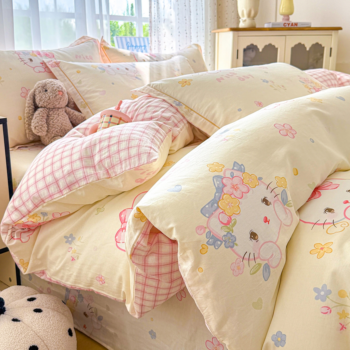 91家纺网 家纺一手货源 找家纺 红粉佳人家纺 2025新款12868纯棉系列全棉四件套 花花猫咪