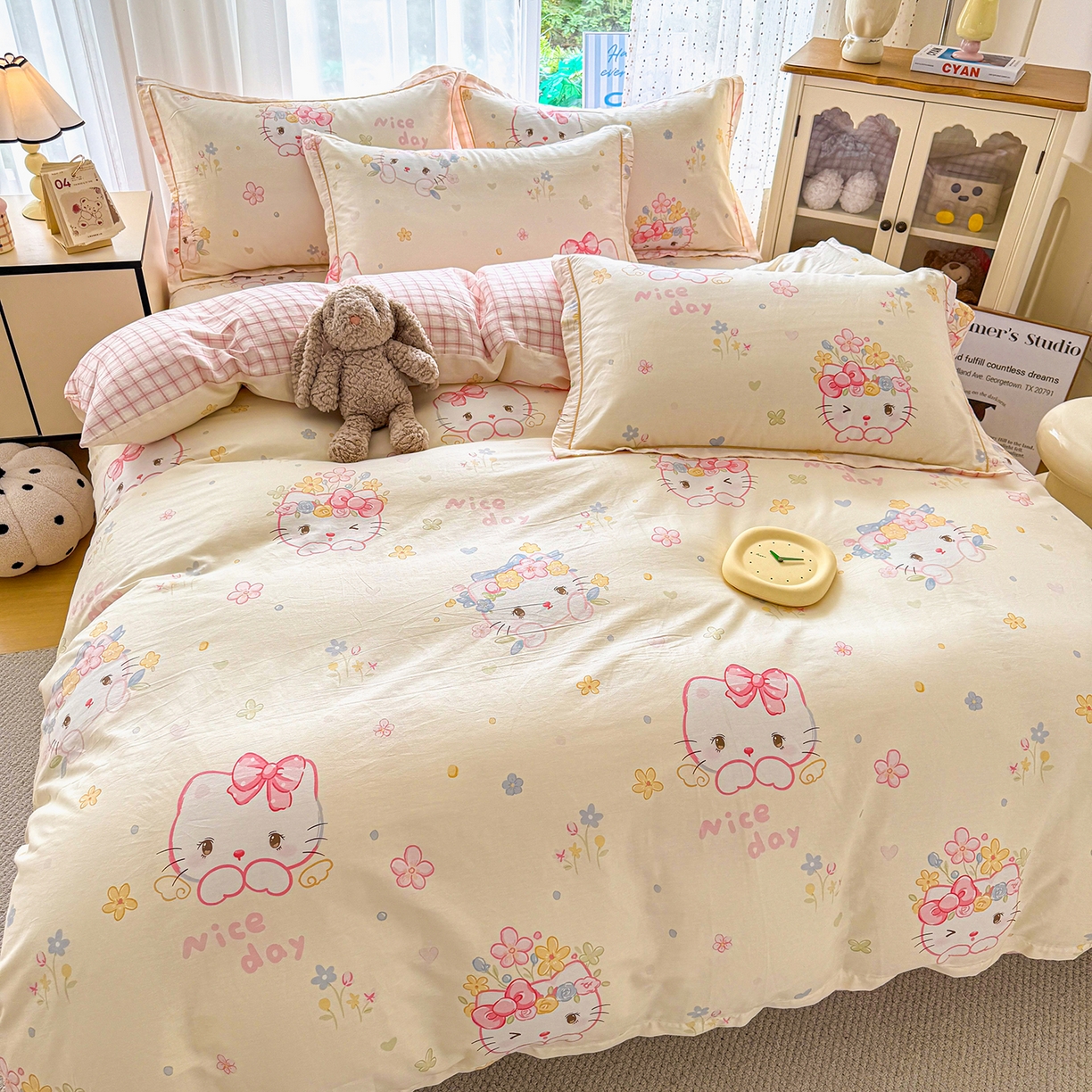 91家纺网 家纺一手货源 找家纺 红粉佳人家纺 2025新款12868纯棉系列全棉四件套 花花猫咪