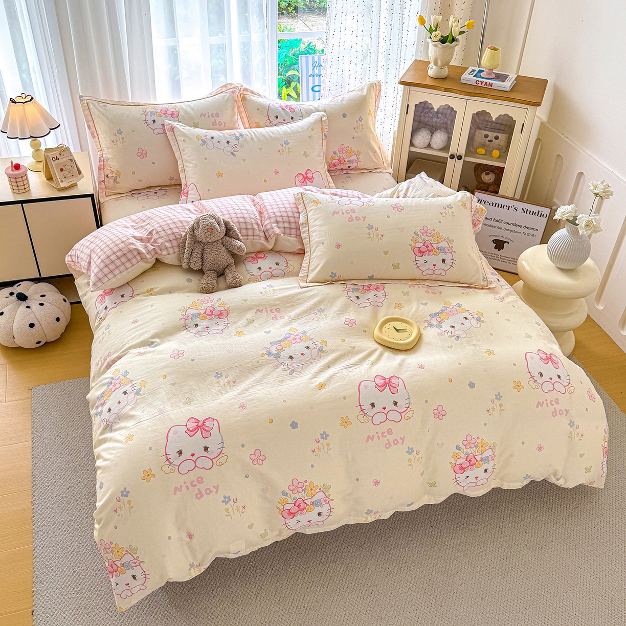 91家纺网 家纺一手货源 找家纺 红粉佳人家纺 2025新款12868纯棉系列全棉四件套 花花猫咪