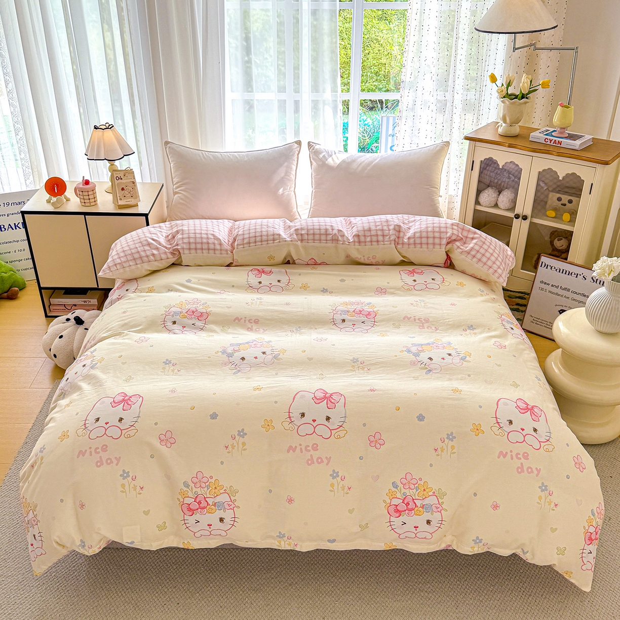 91家纺网 家纺一手货源 找家纺 红粉佳人家纺 2025新款12868纯棉系列全棉四件套 花花猫咪